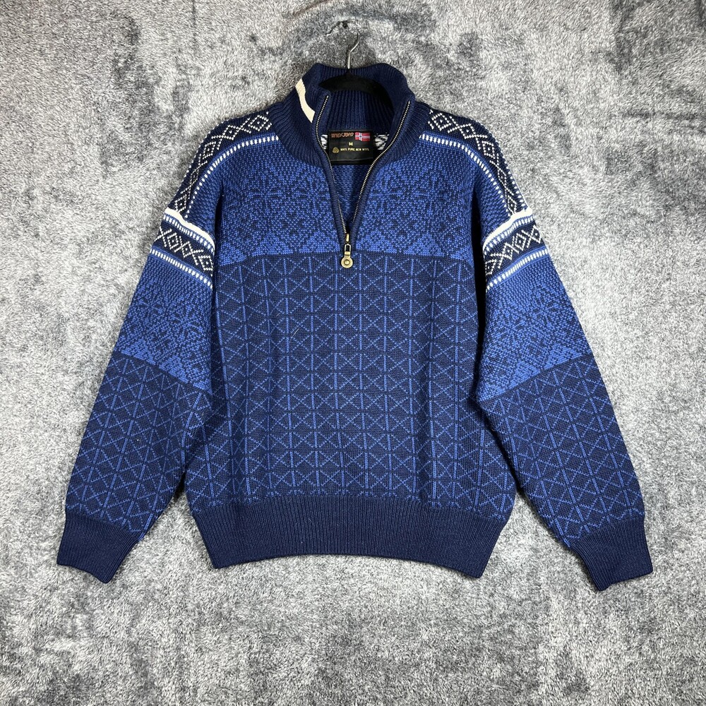 WINDFJORD Sweater Mens Medium Blue 1/4 Zip High Neck Fair Isle Wool Heavyweight